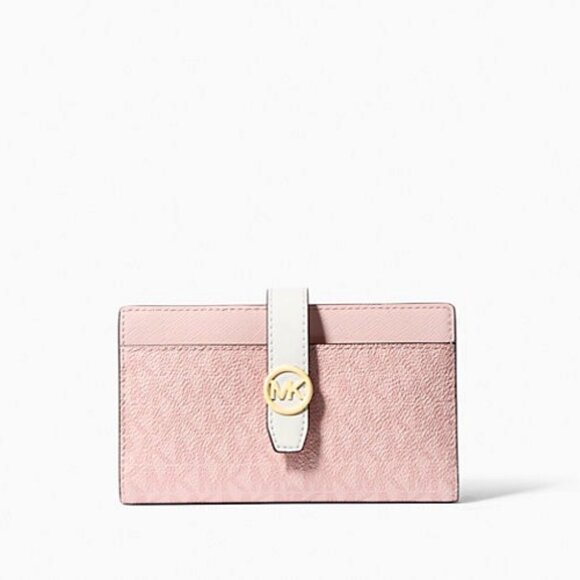 New Michael Kors Greenwich Medium Signature Logo Wallet Powder Blush Multi - Picture 1 of 4